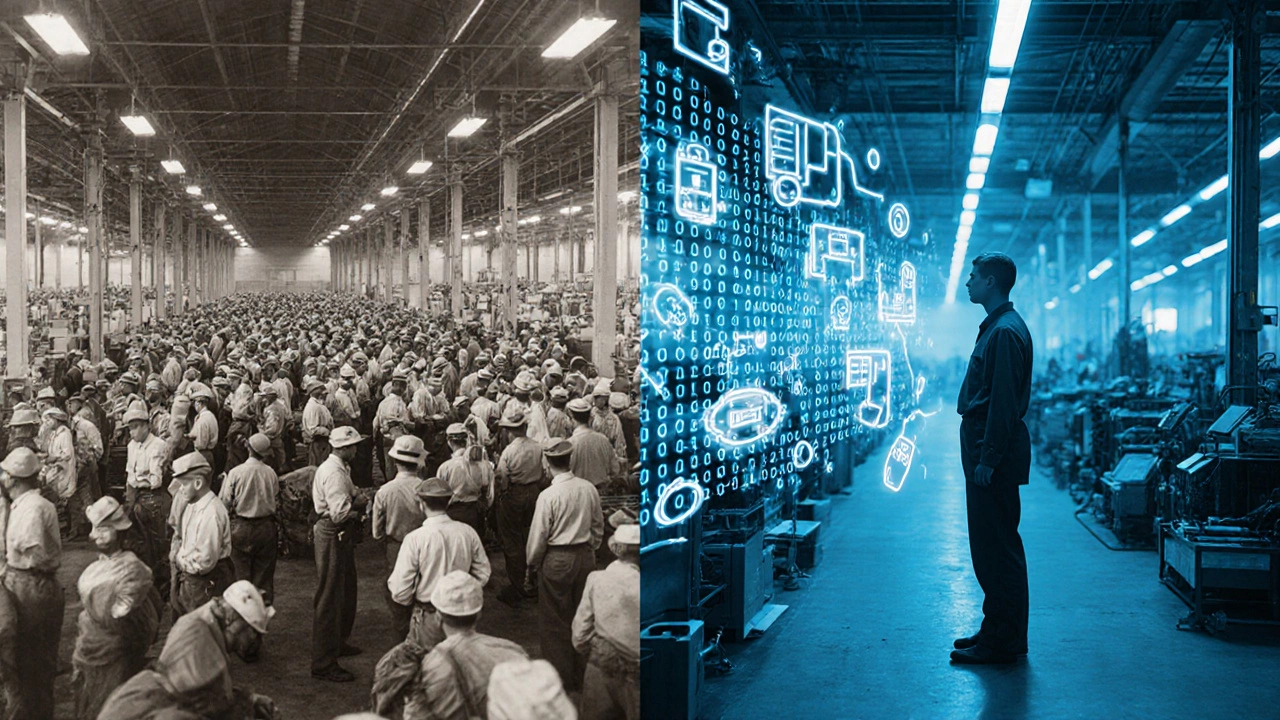 Split image: 1950s factory vs. automated modern facility, connected by digital data stream.