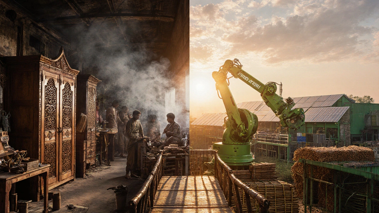 Traditional artisan workshop and modern green factory side by side
