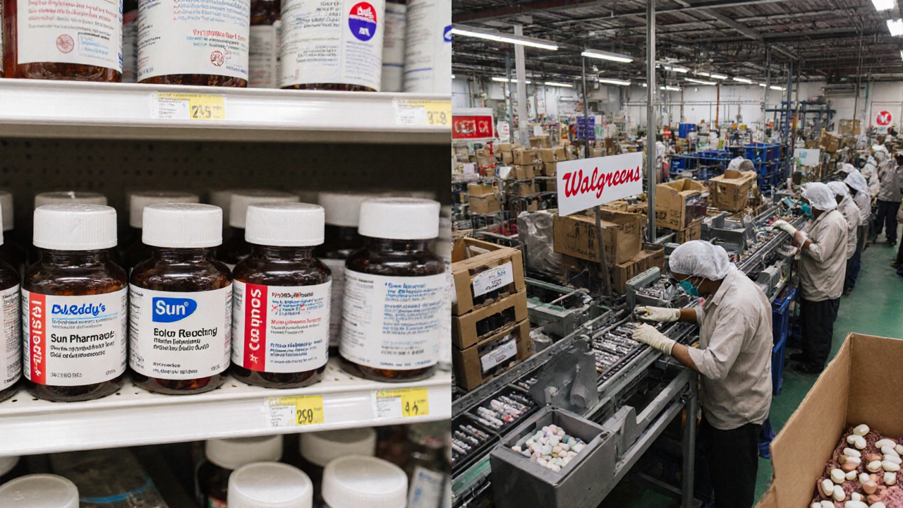 U.S. pharmacy shelf with Indian generic drug brands next to major retailers, connected to Indian factory workers inspecting tablets.