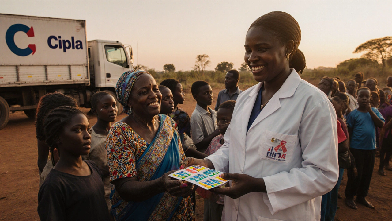 Villagers in Africa receiving life-saving HIV medication from a healthcare worker in a clinic.