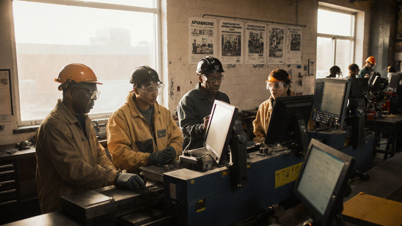 Workers training on a CNC machine in a well-lit workshop, tools and digital screens visible.