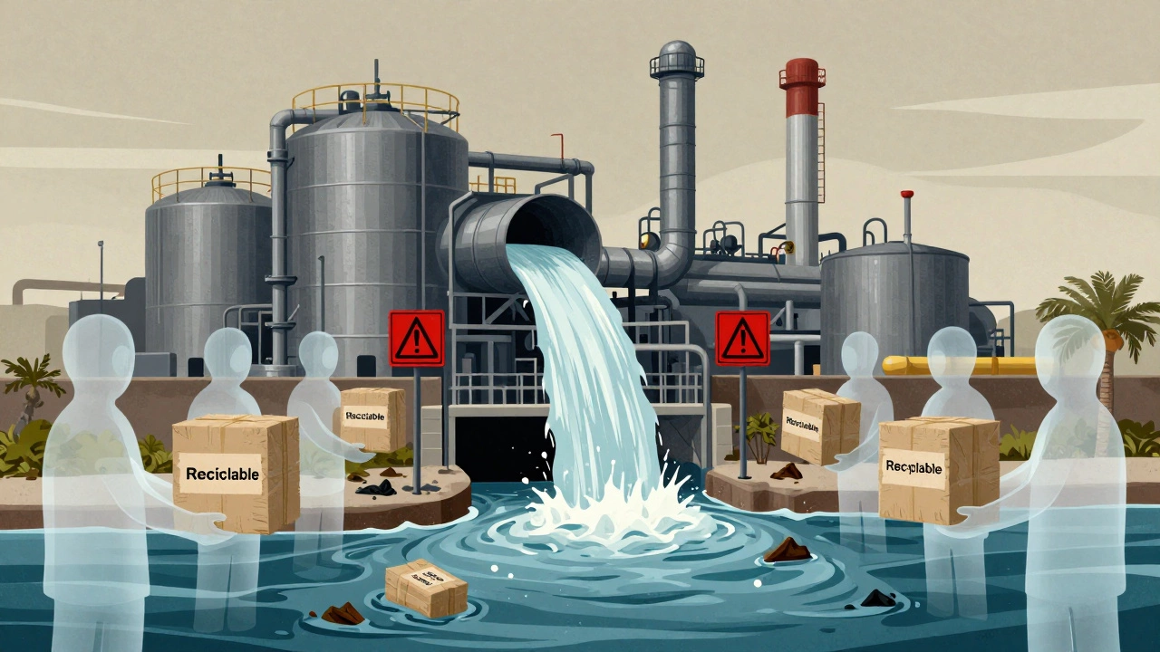 A factory dumping plastic waste into rivers flowing to the ocean, with ghostly consumers handing off packaging.