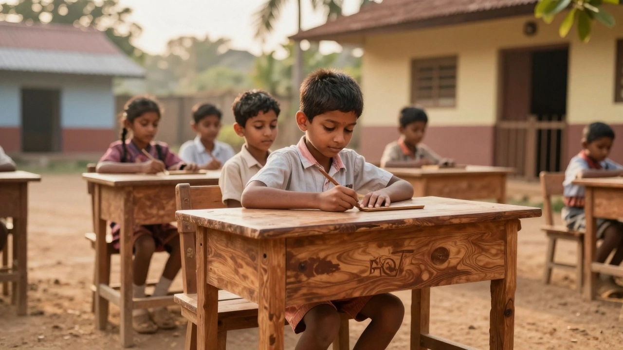 A handmade wooden school desk being crafted in a small Indian workshop, symbolizing generational community impact.