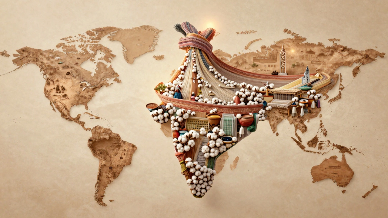 A map of India woven from textile fibers connects to global fashion cities in a glowing, spiraling ribbon.