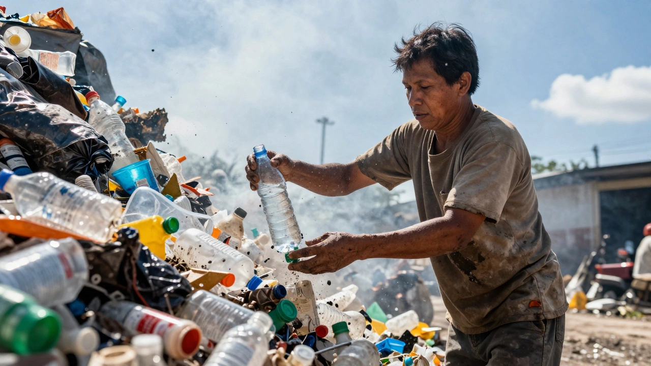 A waste picker sorting through toxic plastic refuse under a burning sun in the Philippines.