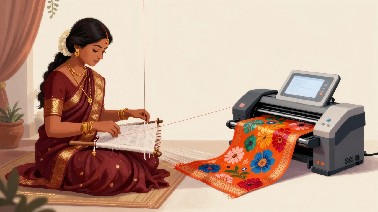An artisan weaves a silk sari on a traditional handloom beside a modern digital fabric printer.