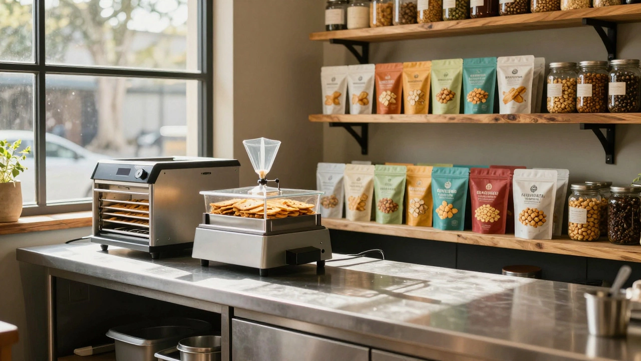 Artisanal plant-based protein crackers being packaged in a sunny kitchen.