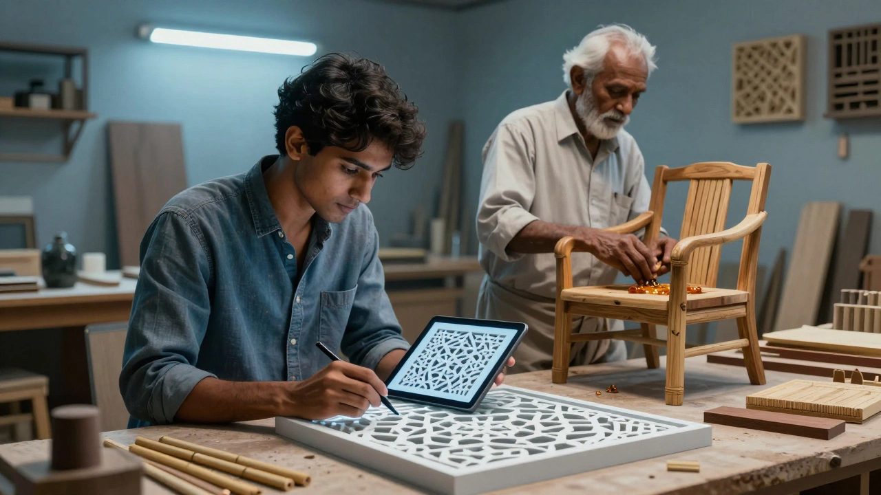 Fusion of traditional Indian woodcraft and digital design in a sustainable furniture workshop.