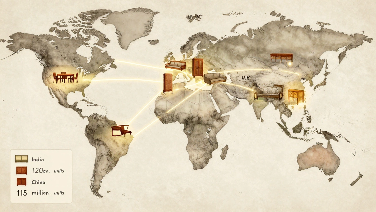 Global map showing furniture export routes from India to major buyer countries with wooden furniture icons.