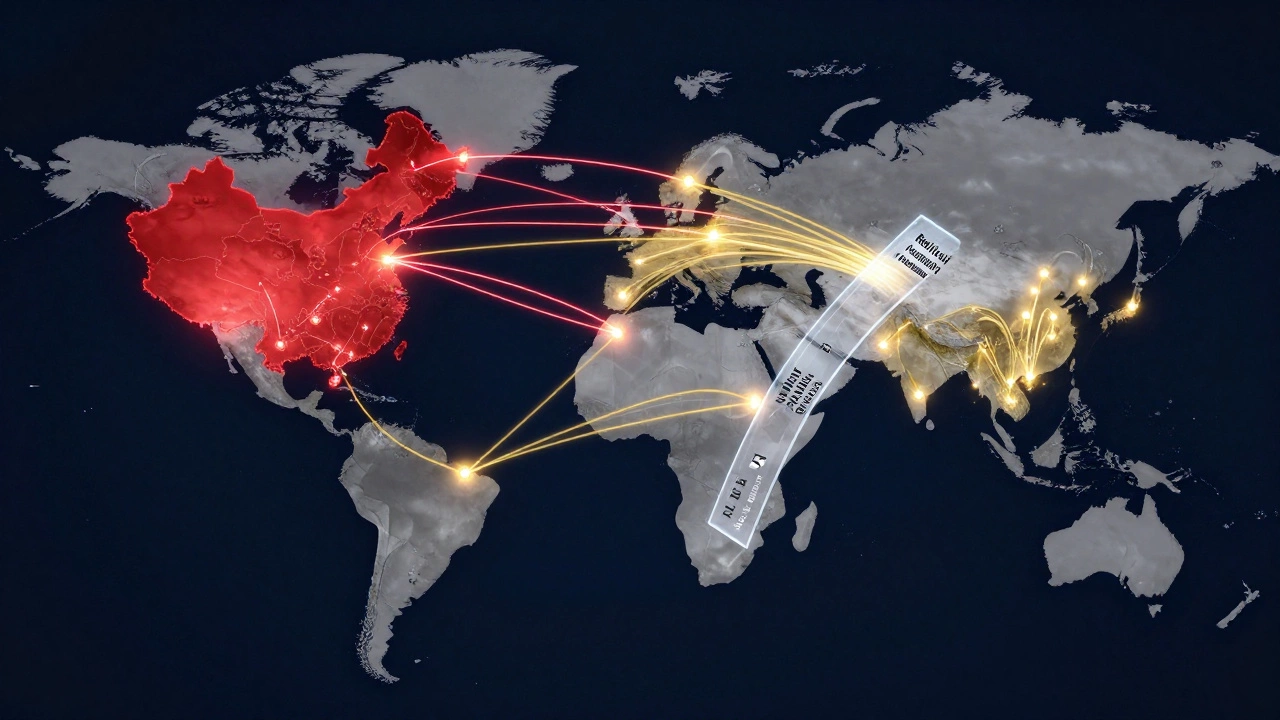 Global supply chain map showing China&#039;s chemical dominance and India&#039;s growing role in pharma exports.