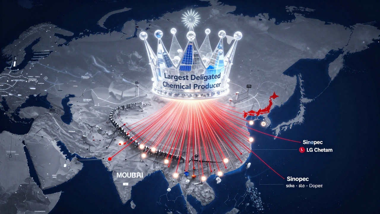 Map of Asia with supply chains radiating from Mumbai, crowned as Asia&#039;s largest dedicated chemical producer.