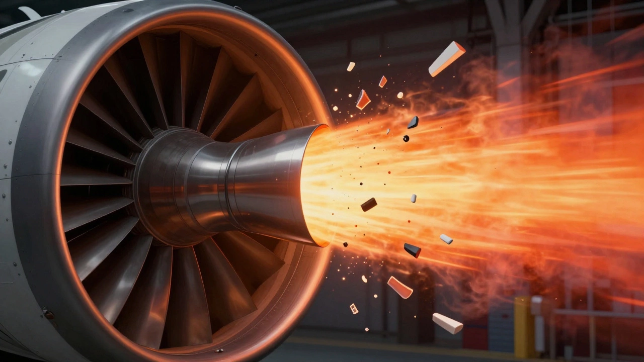 PEEK turbine blade glowing in a jet engine as other plastics melt around it under extreme heat.
