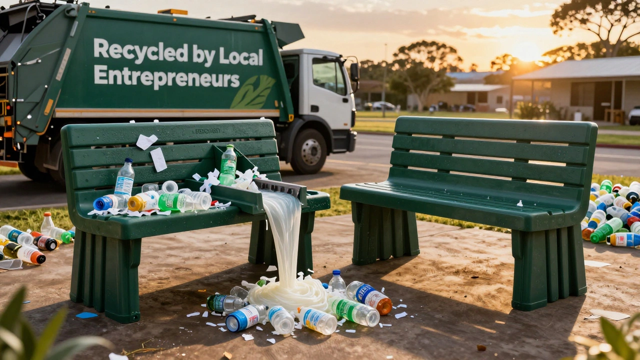 Recycled plastic benches being made from collected bottles in a workshop.