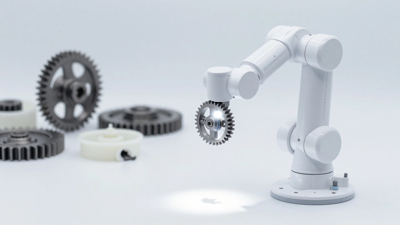 Sterile medical robot arm with a durable PEEK gear, surrounded by failed plastic components.