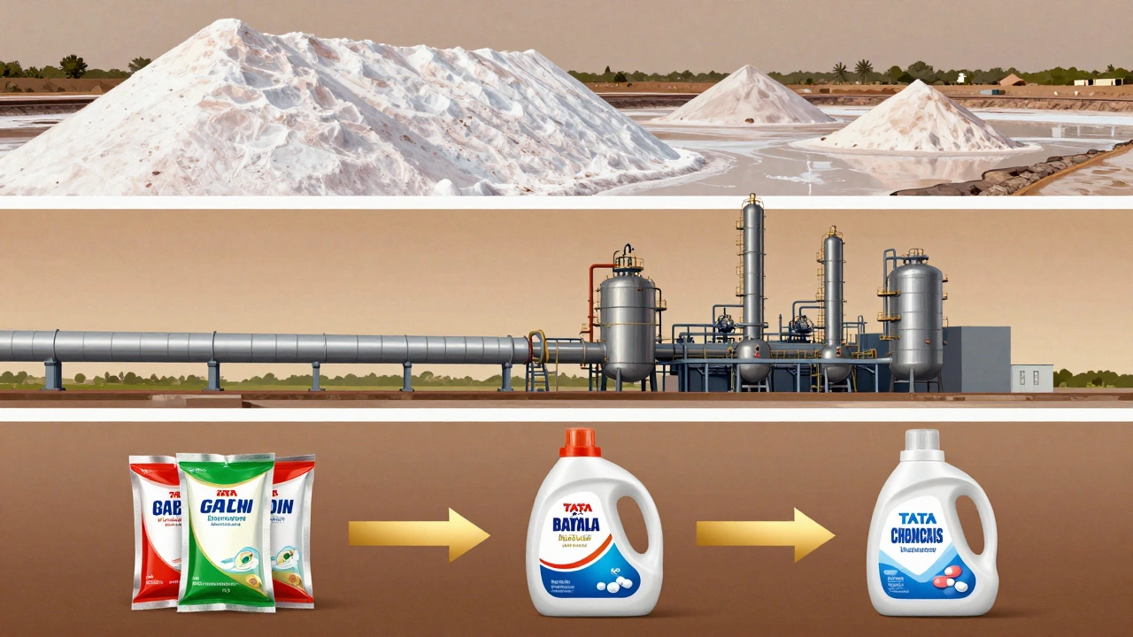 Vertical integration of Tata Chemicals: salt mines, processing plant, and household products connected by golden arrows.