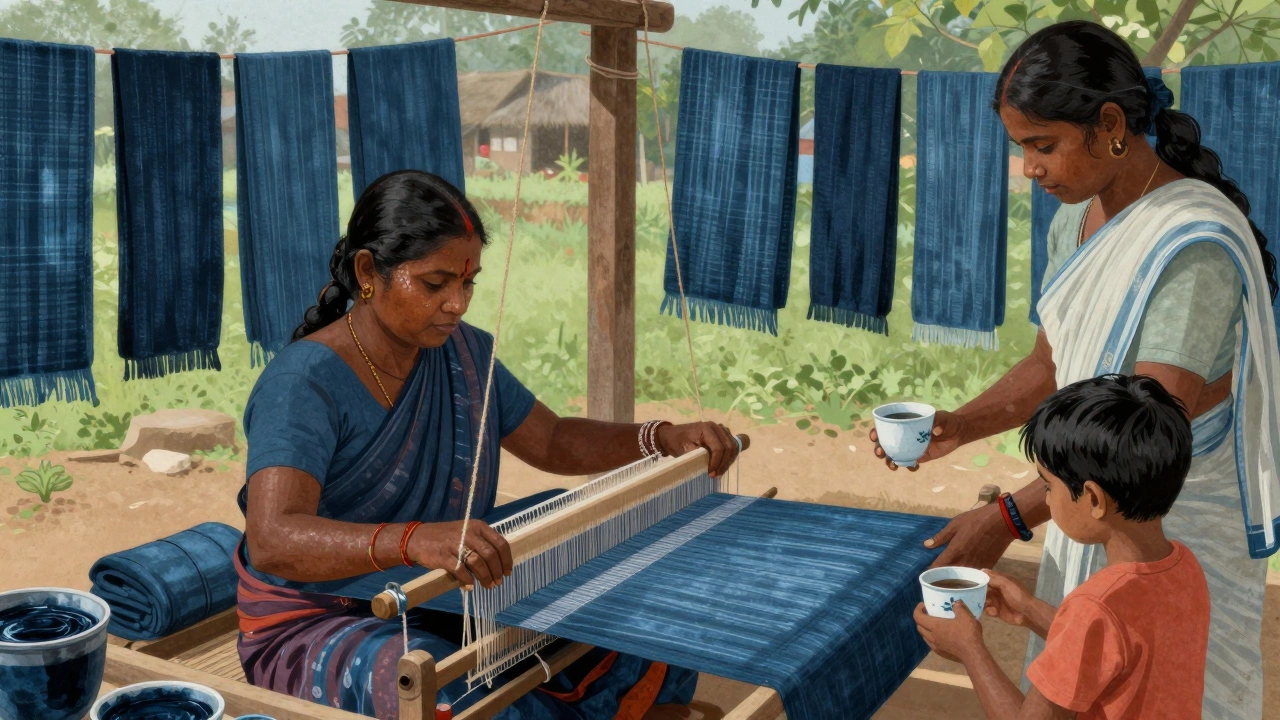 Women weaving fabric with natural indigo dye in a small Tamil Nadu textile workshop, surrounded by drying cloth.