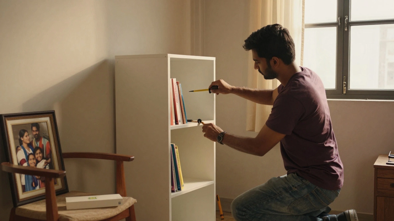 A young professional and a local carpenter assembling an IKEA bookshelf in a small Indian apartment, with a family heirloom chair nearby.