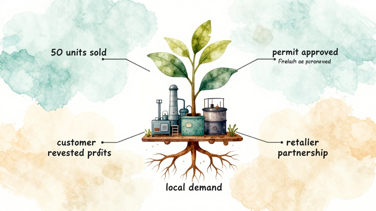 Conceptual growth of a small factory rooted in customer feedback and reinvestment.