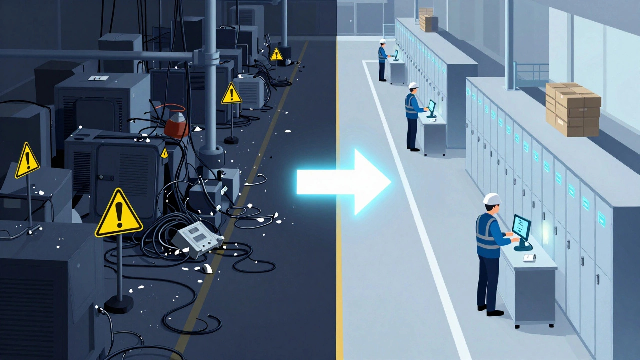 Contrasting factory zones: chaotic mess vs. organized, safe, and labeled workspace.