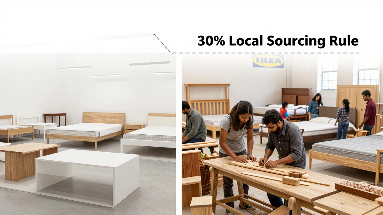 Split illustration comparing Swedish flat-pack furniture with Indian handcrafted wooden furniture in a traditional workshop.