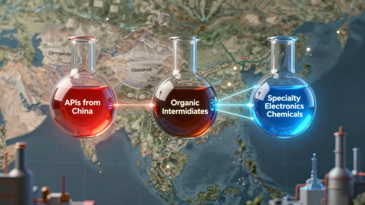 Three transparent chemical vessels above India map, connected to industrial regions by glowing lines.