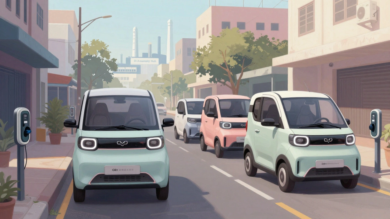 Tiny electric micro-vans navigating narrow Sri Lankan streets with charging stations