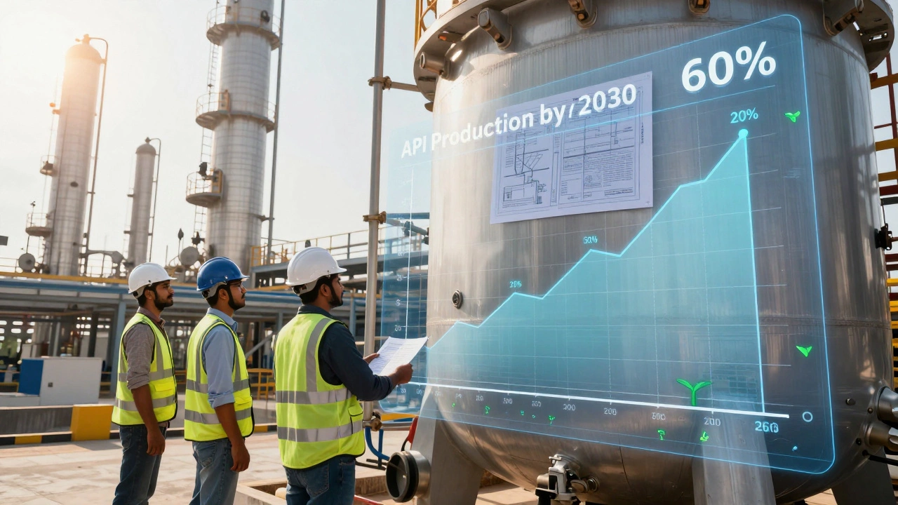 Workers at a new chemical plant under construction with digital production growth overlay.