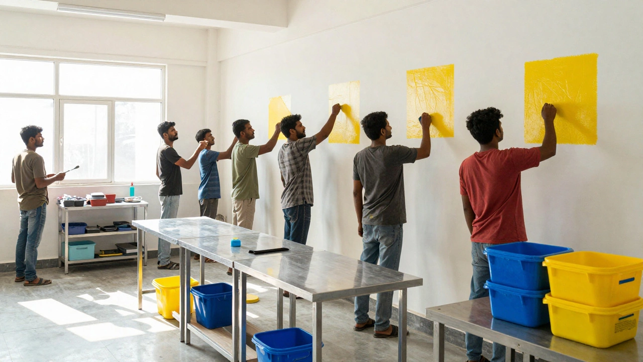 Workers labeling bins and painting tool outlines on a clean workshop wall.