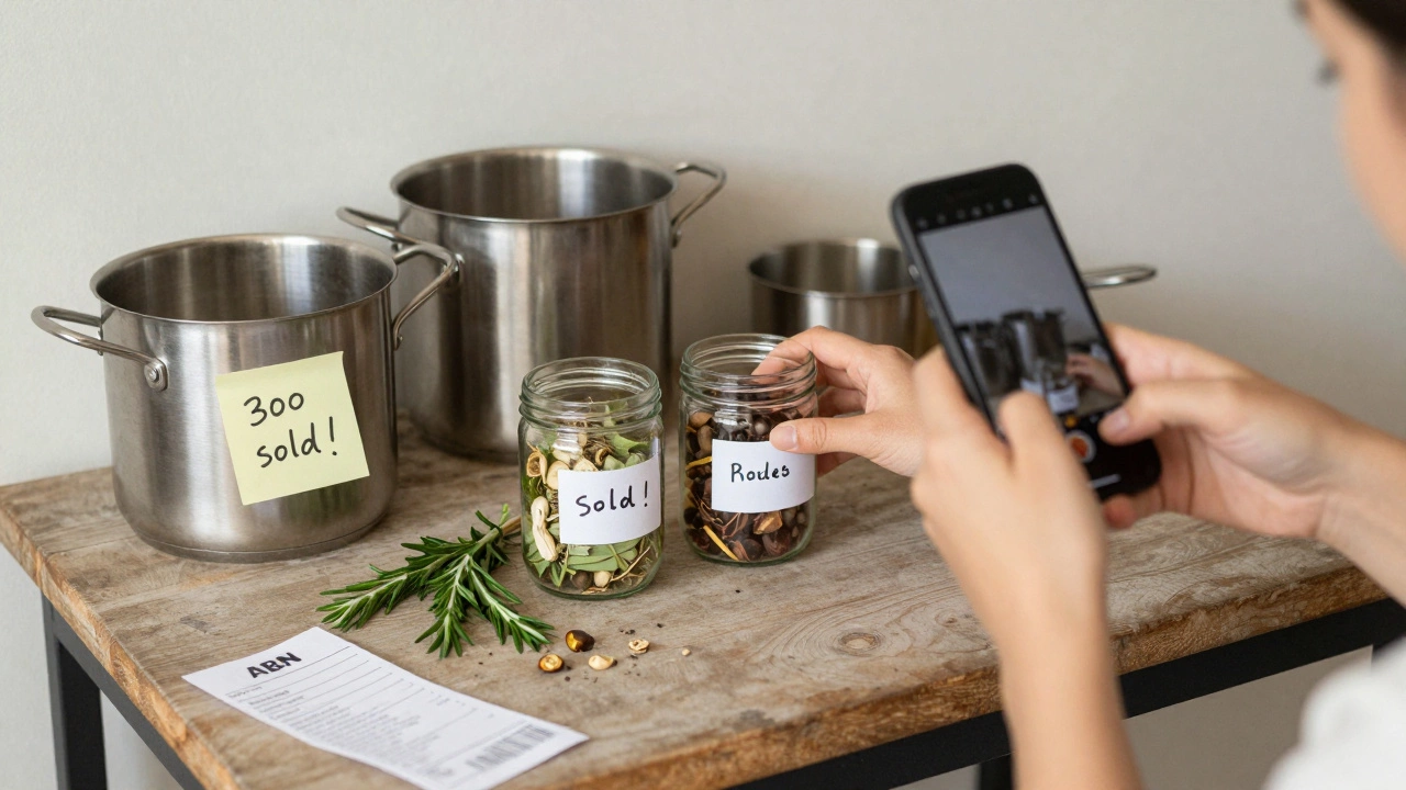 A small kitchen turned into a manufacturing station with jars being labeled and photos being taken for online sales.