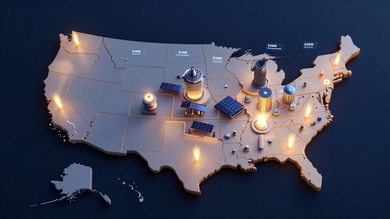 Aerial map of the US with glowing manufacturing hubs in Texas, Arizona, and Ohio, representing investment hotspots.