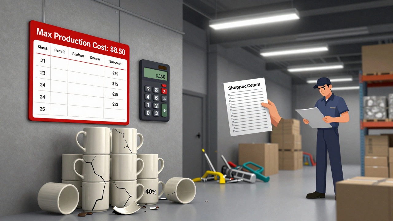 Discarded cracked mugs in warehouse next to cost calculation checklist under harsh fluorescent light.