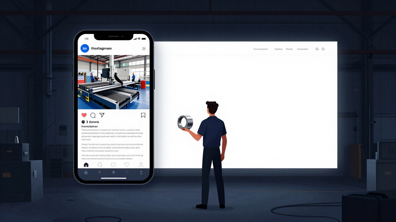 Empty factory with founder holding a part while a competitor's social media post glows on a phone.