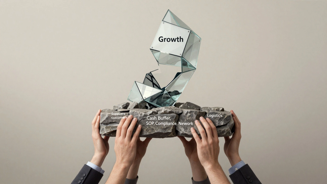 Fragile growth tower collapsing while solid foundation of cash, process, and network holds steady.