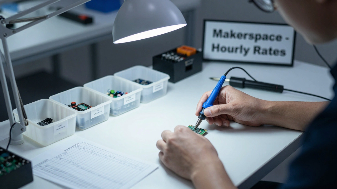 Hands assembling electronic circuit boards on a compact worktable with labeled components and shared tools in the background.