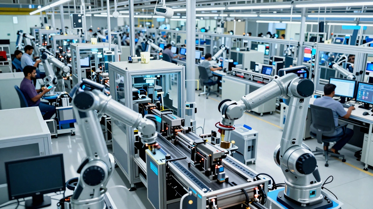 Robotic assembly line in a smart factory, workers monitoring automated smartphone production.
