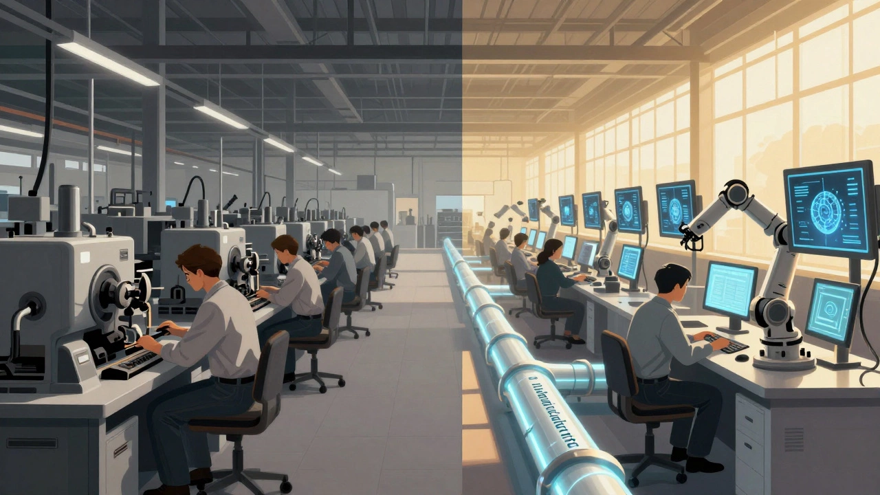 Split illustration comparing 1970s manual factory to today's smart factory with glowing evolution line.