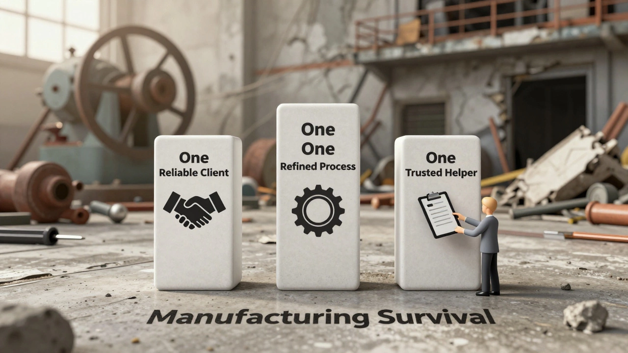 Three simple pillars labeled 'One Client', 'One Process', 'One Helper' rising from a factory floor.