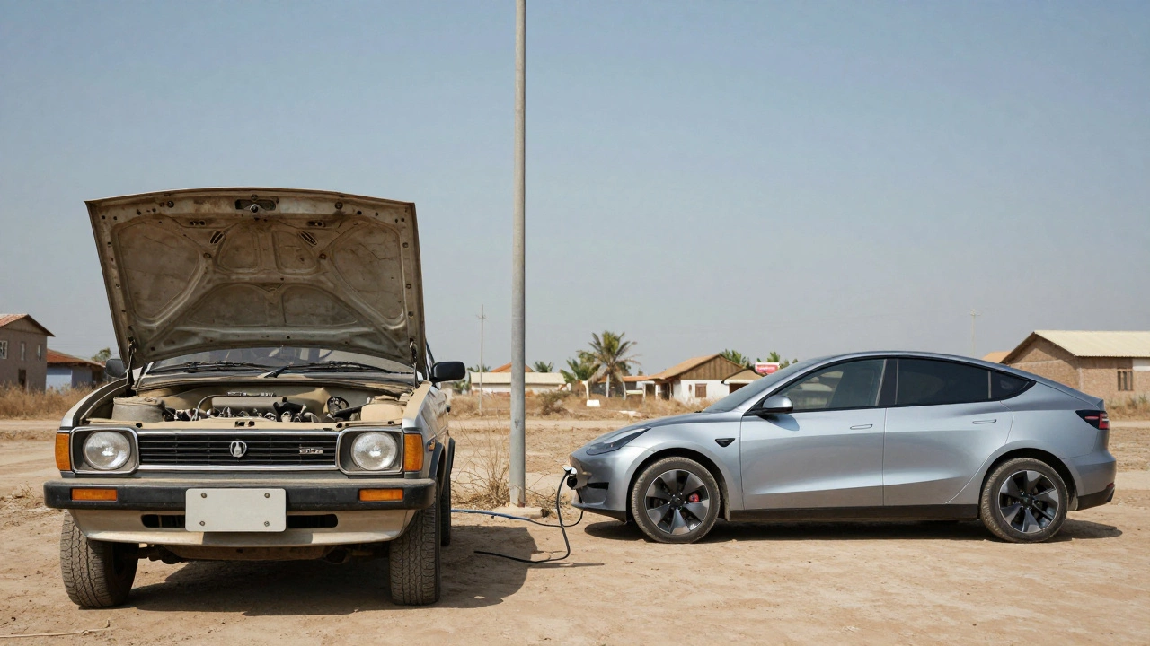 A worn-out Alto next to an isolated electric car, highlighting infrastructure differences in rural India.