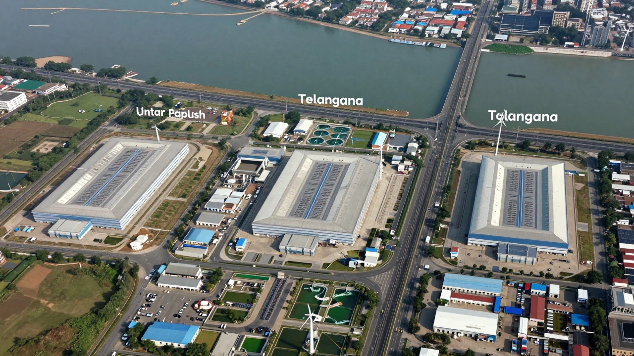 Aerial view of three industrial zones in India connected by transport links and green energy infrastructure.