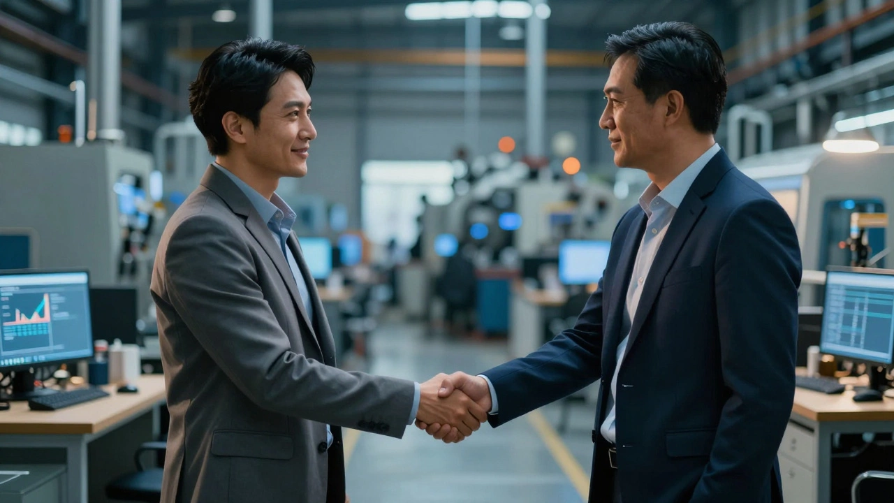 Business partners shaking hands in an industrial setting.