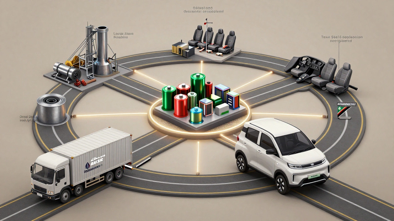 Circular diagram showing Pakistan's auto industry ecosystem with local steel, textiles, recycling, and battery assembly feeding vehicle production.