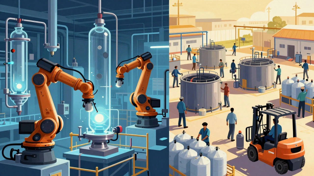 Contrasting chemical production lines: automated Chinese facility vs. labor-intensive Indian plant.