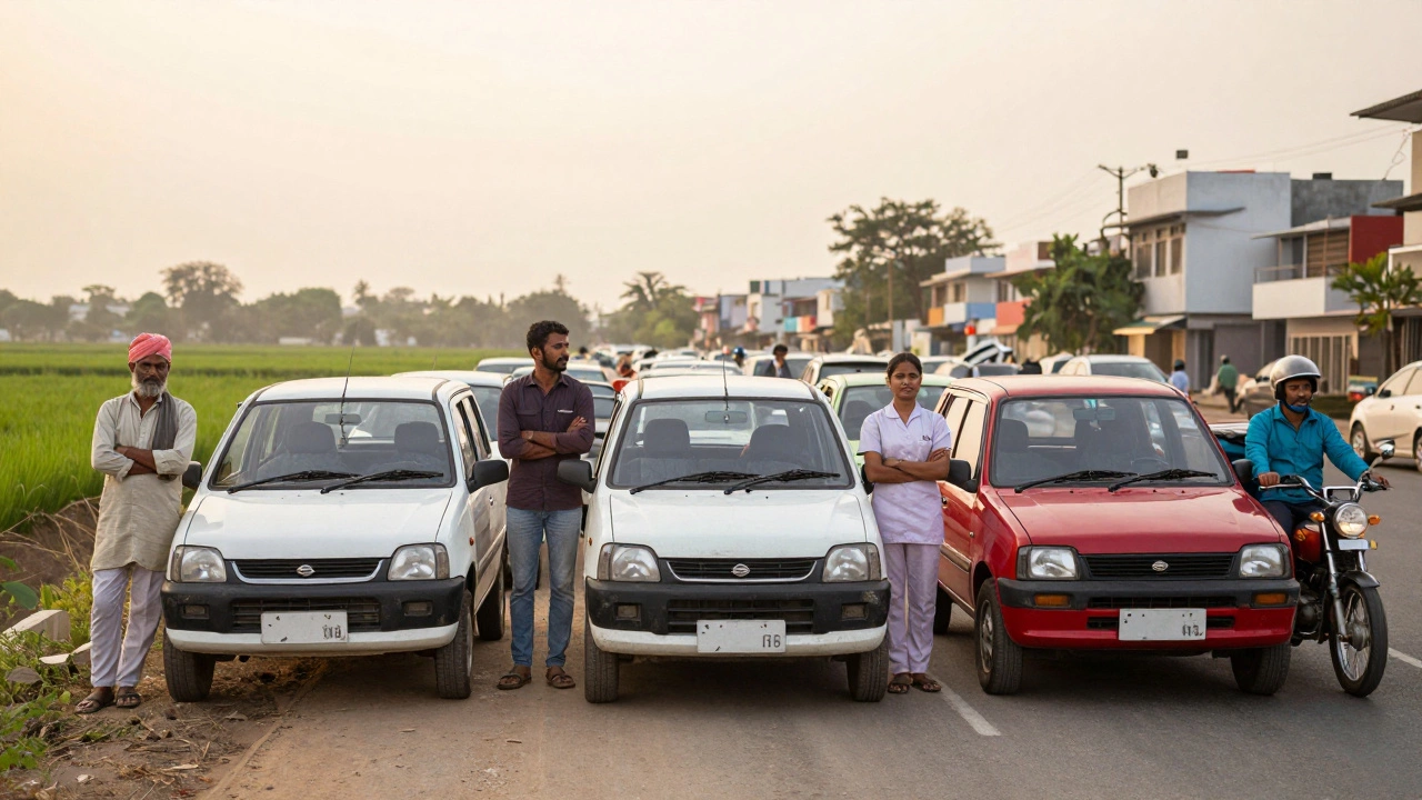 Diverse Indian families posing proudly beside their Maruti Suzuki Alto cars in rural and urban settings.