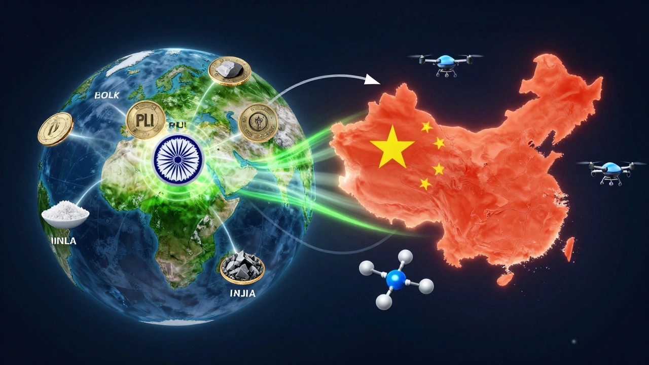 Globe showing India and China as supply chain hubs with distinct chemical manufacturing strengths.
