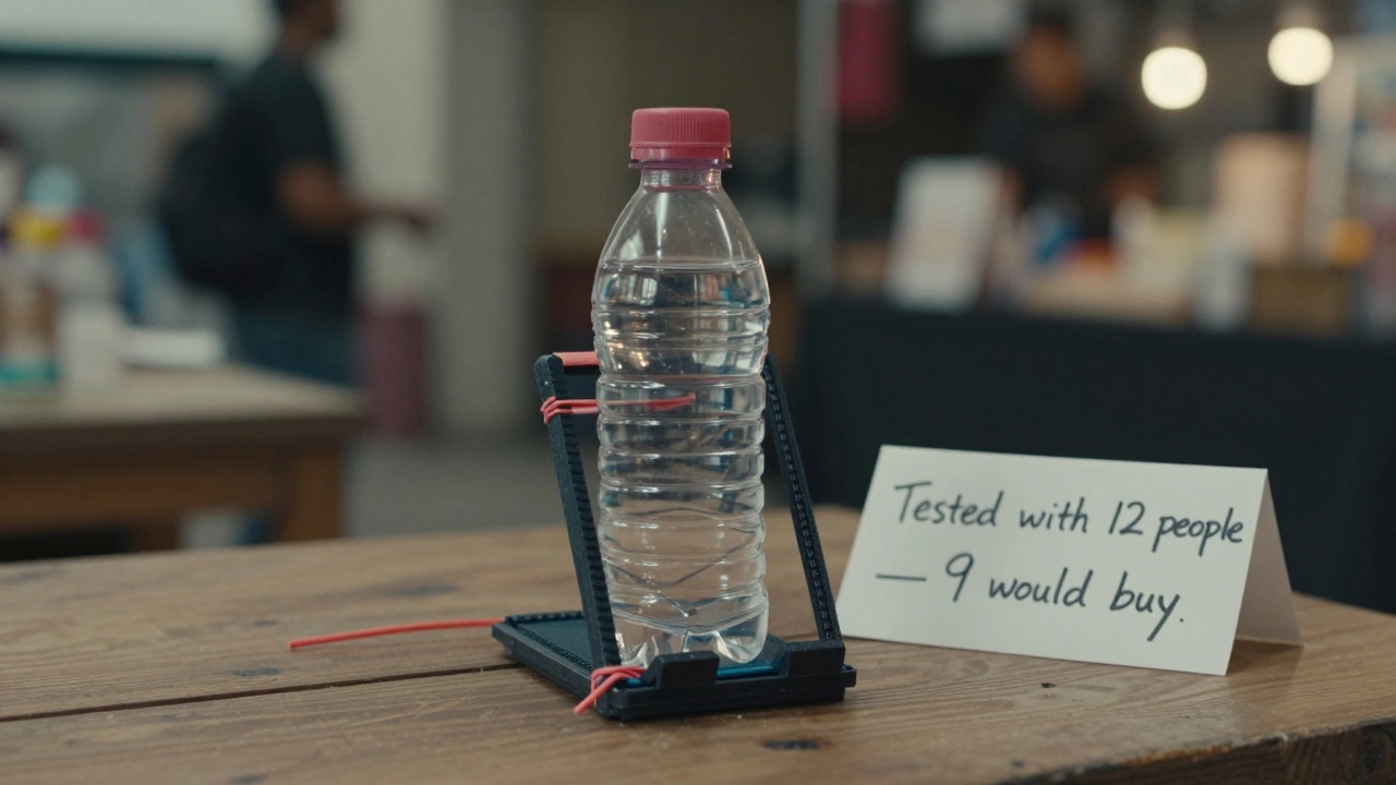 Handmade phone stand prototype made from plastic bottle and zip ties on a wooden table.