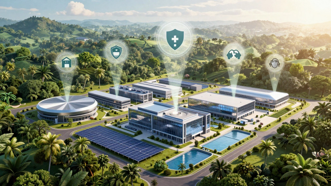 Industrial park with solar panels and factories in lush landscape.