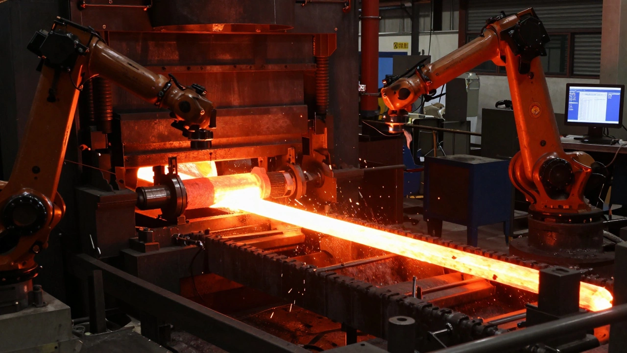 Molten metal flowing in an automated steel manufacturing plant.
