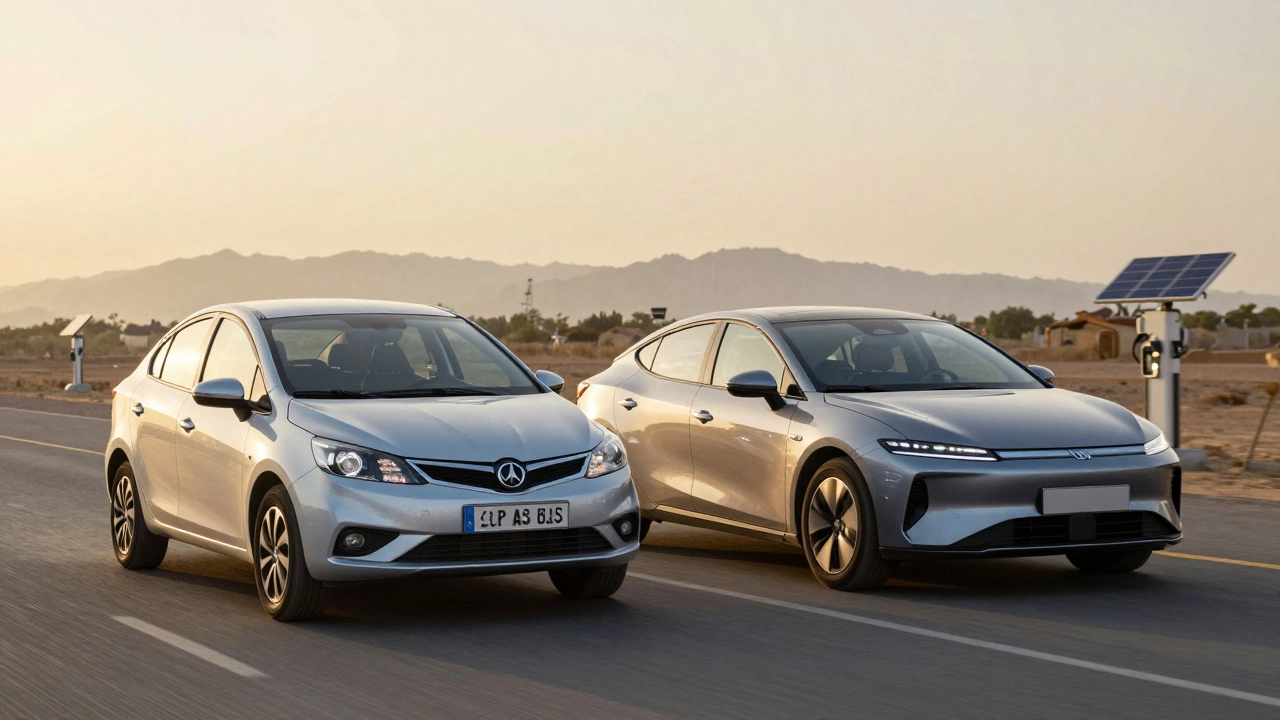 PIAAC Astra and Zap Z1 electric car parked together on a Pakistani highway at sunset with charging stations in the distance.