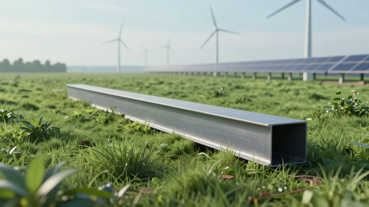 Sustainable steel production with solar panels in background.