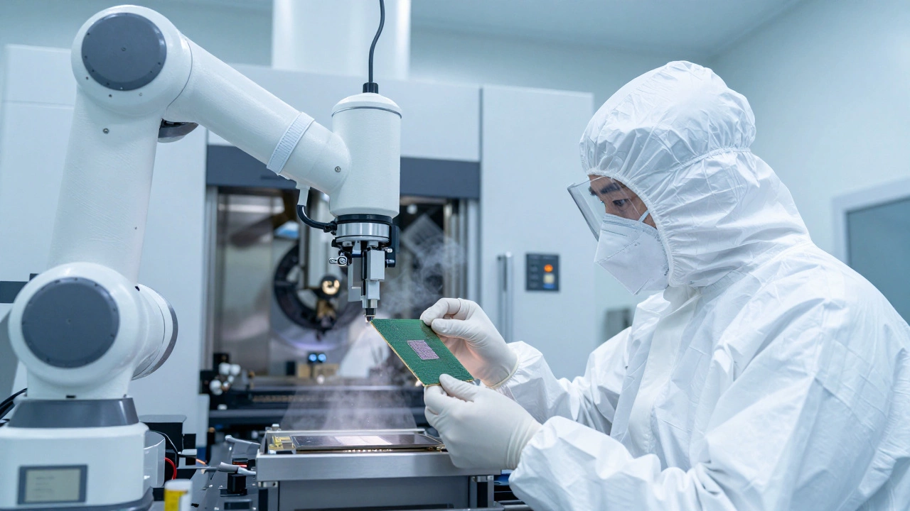Technician in clean room inspecting silicon wafer near large machinery.